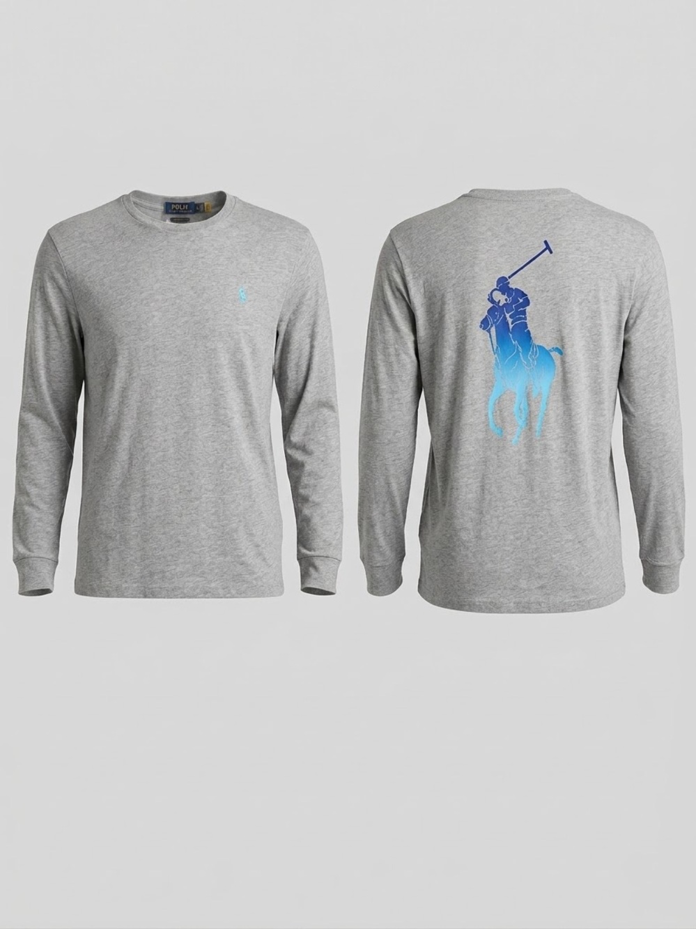 Polo by Ralph Lauren Grey Long-Sleeve Tee with Blue Polo Player Print